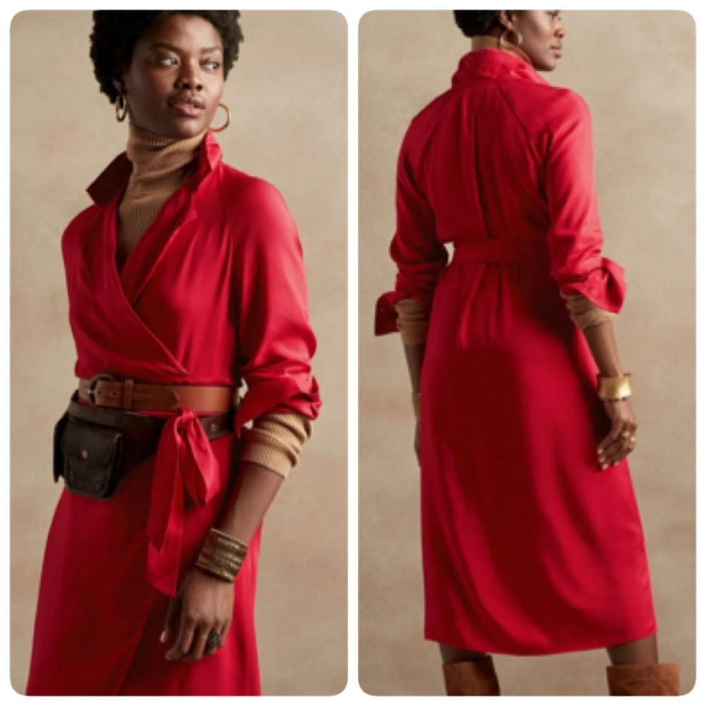 Banana Republic red long sleeve wrap maxi dress, L, NWT